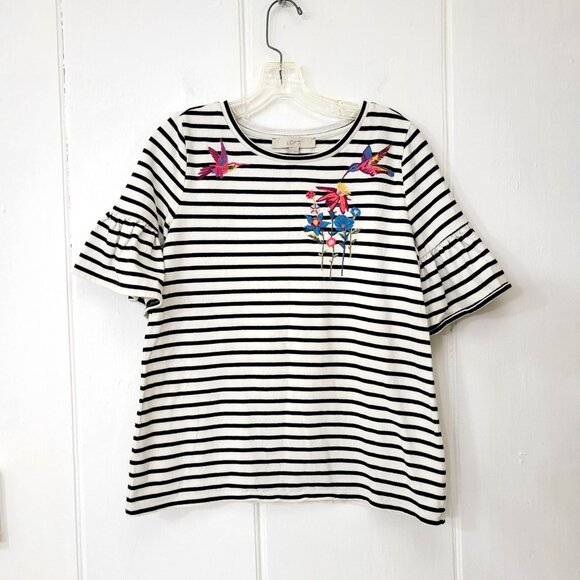 Loft Striped T Shirt with Embroidered Hummingbirds and Ruffled Short Sleeves - Picture 5 of 5